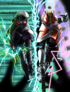 2boys armor belt black_armor crossover electricity green_armor helmet highres holding holding_sword holding_weapon kamen_rider kamen_rider_den-o kamen_rider_den-o_(series) kamen_rider_double kamen_rider_w lightning male_focus mask masked masked_male multiple_boys number_print perspective railing rails red_armor red_eyes shadow sword top_view train_tracks weapon