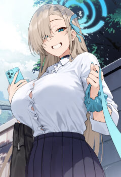 1girl absurdres asuna_(blue_archive) asuna_(school_uniform)_(blue_archive) asymmetrical_bangs bag black_choker blonde_hair blue_archive blue_bow blue_bowtie blue_eyes blue_halo blue_nails blue_ribbon blue_scrunchie blush bow bowtie breasts brown_hair button_gap cellphone choker cowboy_shot hair_over_one_eye hair_ribbon halo highres holding holding_leash holding_phone huge_breasts leash long_hair looking_at_viewer mole mole_on_breast phone pleated_skirt pov ribbon school_bag school_uniform scrunchie shirt skirt smartphone smile solo syunichi very_long_hair viewer_on_leash white_shirt wrist_scrunchie