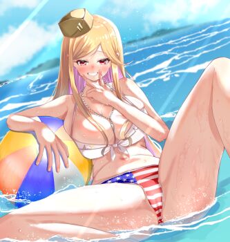 Rule 34 | 1girl, american flag, american flag bikini, american flag print, ball, beachball, bikini, blonde hair, blue sky, blush, breasts, cameltoe, cleavage, cloud, commentary, dog tags, english commentary, fingernails, flag print, flag print bikini, garrison cap, girls' frontline, hat, large breasts, long hair, looking at viewer, m2hb (girls' frontline), navel, ocean, parted lips, partially submerged, print bikini, ratunitu en, red eyes, sitting, sky, smile, solo, spread legs, swimsuit, teeth, v, wet