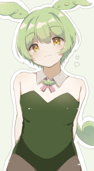 1girl :3 absurdres animal_ears arms_behind_back bare_shoulders chiko_(chi_p_71) detached_collar green_hair green_leotard grey_background highres leotard looking_at_viewer orange_eyes outline pantyhose playboy_bunny rabbit_ears solo voicevox white_outline zundamon