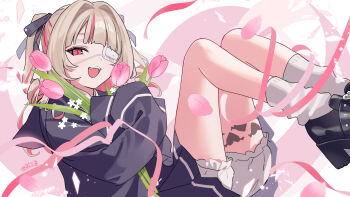 1girl :3 black_shoes blazer bloomers blue_jacket blue_ribbon blue_skirt blush collared_shirt colored_inner_hair commentary_request drill_hair eyepatch falling_petals fangs feet_out_of_frame floating flower grey_hair hair_intakes hair_ribbon highres holding holding_flower jacket knees_up leg_tattoo light_particles long_hair long_sleeves looking_at_viewer loose_socks makaino_ririmu medical_eyepatch miniskirt multicolored_hair nijisanji official_alternate_costume official_alternate_hairstyle open_mouth petals pink_flower pink_hair pink_petals pink_ribbon pink_streaks pink_tulip platform_shoes pleated_skirt potti-p red_eyes ribbon school_uniform shirt shoes sidelocks signature skirt sleeves_past_fingers sleeves_past_wrists smile socks solo streaked_hair tattoo teeth tulip two-tone_hair two_side_up underwear upper_teeth_only variant_set virtual_youtuber white_background white_shirt white_socks winged_heart winged_heart_tattoo