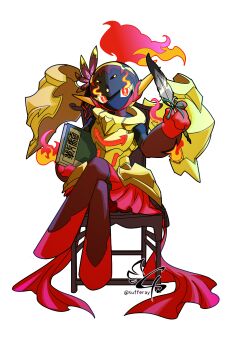 1girl alternate_design armarouge armor black_skin book breastplate chair colored_skin crossed_legs facing_viewer feathers floating_armor flower flower_on_head glowing glowing_eyes highres holding holding_book holding_feather looking_to_the_side multicolored_skin nintendo on_chair pauldrons pleated_skirt plume pokemon pokemon_(creature) pokemon_focus red_eyes red_skin red_skirt shoulder_armor sitting skirt sufferay transparent_background two-tone_skin yellow_armor