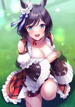 Rule 34 | 1girl, :d, akatsuki (kuon), animal ears, black hair, blue eyes, bodice, breasts, choker, cleavage, commentary request, detached sleeves, dirndl, ear scrunchie, eishin flash (meisterschaft) (umamusume), eishin flash (umamusume), german clothes, highres, horse ears, horse girl, horse tail, long sleeves, looking at viewer, on one knee, open mouth, red choker, smile, solo, swept bangs, tail, umamusume