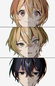 1girl 2boys blonde_hair blood blood_on_face closed_mouth don_quixote_(project_moon) empty_eyes highres limbus_company looking_at_viewer mu46016419 multiple_boys open_mouth portrait project_moon shaded_face simple_background sinclair_(project_moon) smile split_screen sweat white_background wide-eyed yellow_eyes yi_sang_(project_moon)