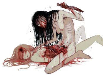 2girls armpit_hair black_hair blonde_hair blood blood_splatter bloody_knife breasts bug bullet_hole completely_nude corpse ero_guro fly full_body guro highres holding holding_knife horror_(theme) insect intestines jejejunum jejenum_(jejejunum) kneeling knife long_hair multiple_girls mutilation necrophilia nipples nude old old_woman organs original partially_blind pubic_hair ribs skinny tongue tongue_out yuri