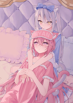 Rule 34 | 2girls, animal ears, barefoot, blue bow, blue pajamas, blush, bow, breasts, cat ears, cat tail, commentary, english commentary, eye mask, frilled pillow, frills, grey hair, hair bow, highres, intertwined tails, long hair, looking at another, lows., lying, lying on lap, mask, multiple girls, on back, on bed, original, pajamas, parted lips, pillow, pink eyes, pink hair, pink pajamas, roa (lows.), ruka (lows.), sitting, small breasts, tail, wariza, yellow eyes, yuri