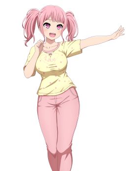 1girl absurdres bang_dream! commentary_request highres long_hair maruyama_aya noshimurin open_mouth pants pink_eyes pink_pants shirt short_sleeves simple_background solo teeth twintails upper_teeth_only white_background yellow_shirt
