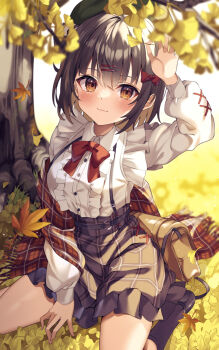 Rule 34 | 1girl, @shun, autumn, bag, between legs, black hair, black skirt, black socks, blush, bow, bowtie, brown bag, brown eyes, buttons, center frills, closed mouth, collared shirt, day, frilled shirt, frilled skirt, frills, full body, ginkgo leaf, hair bow, hair ornament, hairclip, hand between legs, hand up, high-waist skirt, highres, holding, holding leaf, kneehighs, leaf, loafers, long sleeves, looking at viewer, maple leaf, miniskirt, on ground, original, outdoors, plaid clothes, plaid scarf, plaid skirt, red bow, red bowtie, red scarf, scarf, shirt, shoes, short hair, shoulder bag, sitting, skirt, smile, socks, solo, suspender skirt, suspenders, tree, wariza, white shirt
