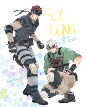 2boys bad_id bad_pixiv_id bandana brown_hair frank_jaeger gray_fox_(metal_gear) grey_hair metal_gear_(series) metal_gear_2:_solid_snake metal_gear_solid multiple_boys oreha00701 sneaking_suit solid_snake