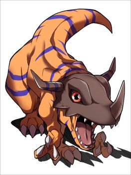 Rule 34 | commentary request, digimon, digimon (creature), dinosaur, full body, greymon, highres, horns, no humans, pakotaroh, red eyes, sharp teeth, simple background, solo, teeth, white background