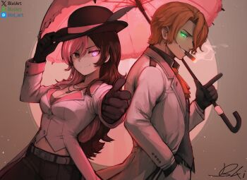 1boy 1girl ai-assisted back-to-back belt black_gloves blxi bowler_hat breasts brown_eyes brown_hair cigar cleavage cowboy_shot dutch_angle finger_gun foreshortening from_side gloves glowing glowing_eyes green_eyes hair_over_one_eye hand_in_pocket hat hat_feather hat_tip heterochromia highres holding holding_umbrella jacket jewelry long_hair long_sleeves looking_at_viewer male_focus medium_breasts multicolored_hair necklace neopolitan_(rwby) orange_hair parasol pink_background pink_eyes pink_hair pointing pointing_at_viewer roman_torchwick rwby self-upload signature sleeve_cuffs smile smug split-color_hair two-tone_background two-tone_hair umbrella white_jacket