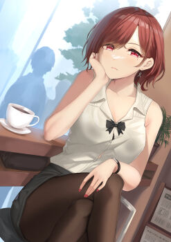 1girl armrest bare_shoulders black_pantyhose bra bra_peek breasts brown_hair cafe cleavage closed_mouth crossed_legs cup dutch_angle earrings highres higuchi_madoka idolmaster idolmaster_shiny_colors jewelry looking_at_viewer medium_breasts nail_polish pantyhose red_eyes saucer short_hair shougun_(chuckni1) silhouette sitting sleeveless solo_focus teacup underwear