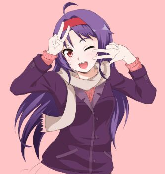 1girl ;d ahoge alternate_costume blush breasts brown_scarf eyebrows_hidden_by_hair hair_intakes jacket long_hair looking_at_viewer minamo_(adech-pro) missing_commentary one_eye_closed open_mouth pink_background pink_skirt pink_sweater purple_hair purple_jacket red_eyes ribbed_sweater scarf sidelocks simple_background skirt small_breasts smile solo sweater sword_art_online teeth tongue upper_body upper_teeth_only v w w_over_eye yuuki_(sao)