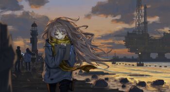 Rule 34 | 1boy, 2girls, 5others, black pants, blue sweater, buoy, closed mouth, cloud, cloudy sky, commentary request, cowboy shot, expressionless, floating clothes, floating hair, fluffy hair, grey hair, highres, holding, holding tablet pc, hood, hooded sweater, jitome, lighthouse, long hair, long sleeves, looking at screen, multiple girls, multiple others, oil rig, orange sky, original, outdoors, pants, people, plaid clothes, plaid scarf, rock, scarf, scenery, shore, sky, solo focus, sunset, sweater, tablet pc, thigh strap, walking, water, winter, winter clothes, yellow eyes, yellow scarf, yume (user kjuv7837)