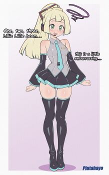 1girl absurdres artist_name bare_shoulders black_boots black_skirt black_sleeves blonde_hair blue_necktie blush boots border breasts collared_shirt commentary cosplay detached_sleeves dot_nose english_commentary english_text full_body gradient_background green_eyes grey_shirt hatsune_miku hatsune_miku_(cosplay) headset high_heels highres lillie_(pokemon) long_hair looking_at_viewer miniskirt necktie nintendo open_mouth outside_border piutahayo pokemon pokemon_sm ponytail purple_background shirt simple_background skirt sleeveless sleeveless_shirt small_breasts solo standing thigh_boots twitter_username vocaloid white_border wide_sleeves