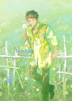 1boy blue_flower brown_hair brown_pants dandelion dandelion_seed fence field flower grass green_theme green_vest haikyuu!! highres holding holding_flower lingcod_dayu looking_at_viewer male_focus neckerchief oikawa_tooru_(haikyuu!!) outdoors pants pink_flower plant shirt vest vines white_fence white_flower white_shirt wooden_fence