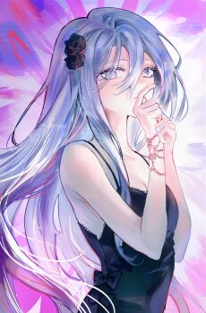 Rule 34 | 1girl, absurdres, arms up, black camisole, black flower, blue eyes, breasts, camisole, commentary, expressionless, floating hair, flower, gem, hair flower, hair ornament, highres, jewelry, long hair, looking at viewer, pink gemstone, project sekai, purple background, small breasts, someang, very long hair, yoisaki kanade