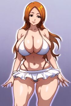 1girl 2025 bare_shoulders bikini bleach breasts brown_eyes closed_mouth collarbone female_focus g-moreartworks highres inoue_orihime large_breasts lips long_hair navel orange_hair shiny_skin skindentation smile solo solo_focus standing stomach swimsuit thighs white_bikini