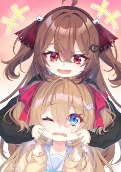 2girls absurdres ahoge black_cardigan blue_eyes blue_sailor_collar broken_heart broken_heart_hair_ornament brown_hair cardigan cheek_pull commentary commission english_commentary evil_neuro-sama hair_between_eyes hair_ornament hair_ribbon hands_on_another&#039;s_cheeks hands_on_another&#039;s_face heart heart_hair_ornament highres kitsuneco long_hair long_sleeves multiple_girls neuro-sama one_eye_closed open_mouth red_eyes red_ribbon ribbon sailor_collar second-party_source siblings sisters skull_hair_ornament torn_hair_ribbon twins two_side_up vedal_ai virtual_youtuber yellow_cardigan