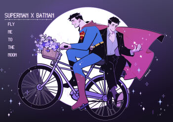 2boys arm_around_waist basket batman_(series) bicycle bicycle_basket black_hair black_pants black_shoes black_socks black_suit bodysuit boots bruce_wayne cape closed_eyes closed_mouth collared_shirt commentary dc_comics dress_shoes flower flying formal_clothes full_moon grin highres jacket layered_sleeves long_sleeves male_focus moon multiple_boys open_clothes open_collar open_jacket pants purple_flower red_boots red_cape riding riding_bicycle shirt shoes short_hair sitting smile socks sparkle suit suit_jacket superhero_costume superman superman_(series) superman_logo teeth white_flower white_shirt wing_collar xxsanwenyu