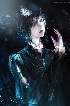 Rule 34 | 1girl, arm cutout, black dress, black hair, black hat, blue eyes, blue nails, breasts, chinese commentary, closed mouth, clothing cutout, commentary request, crying, crying with eyes open, dress, earrings, frilled shirt collar, frills, hair between eyes, hand up, hat, hat ribbon, highres, holding, jelena (path to nowhere), jewelry, lips, long sleeves, looking up, mark under eye, medium breasts, multiple rings, nail polish, necklace, path to nowhere, ribbon, ring, short hair, solo, teardrop facial mark, tears, tears from one eye, white ribbon, zhishi yuyuanqiu