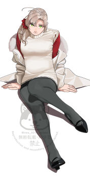 1girl absurdres antenna_hair blush breasts coat dress fur-trimmed_coat fur_trim green_eyes grey_hair grey_pantyhose hair_over_shoulder highres kantai_collection kinugasa_(kancolle) kinugasa_kai_ni_(christmas)_(kancolle) long_hair looking_at_viewer official_alternate_costume ojipon pantyhose sitting smile solo sweater white_background white_coat white_dress white_sweater