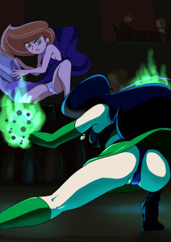 2girls angry ass battle black_boots black_dress black_hair black_panties boots breasts disney dress earrings energy from_behind gloves green_boots green_dress green_eyes green_gloves highres holding jewelry kim_possible kim_possible_(series) long_hair medium_breasts multiple_girls oira_wa_arumajiro orange_hair pale_skin panties partially_visible_vulva shego sleeveless sleeveless_dress squatting underwear white_panties wind wind_lift