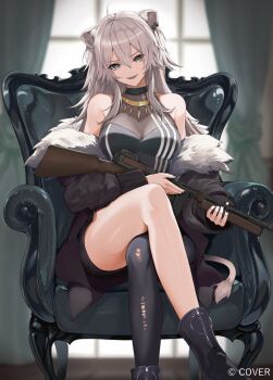 1girl ahoge animal_ear_piercing animal_ears armchair assault_rifle asymmetrical_legwear bare_shoulders black_boots black_nails black_pantyhose black_skirt boots breasts chair clothes_down commentary_request company_name copyright_notice crossed_legs feet_out_of_frame fingernails fur-trimmed_jacket fur_trim gold_necklace grey_eyes grey_hair gun hair_between_eyes halter_shirt halterneck holding holding_gun holding_weapon hololive jacket jacket_partially_removed jewelry large_breasts lion_ears lion_girl lion_tail long_hair long_sleeves looking_at_viewer marumoru messy_hair mismatched_legwear necklace official_art on_chair open_clothes open_jacket pantyhose rifle see-through_cleavage see-through_clothes shirt shishiro_botan shishiro_botan_(1st_costume) simple_background single_leg_pantyhose sitting skirt sleeveless sleeveless_shirt smile solo strapless striped_clothes striped_shirt tail torn_clothes torn_pantyhose tube_top vertical-striped_clothes vertical-striped_shirt virtual_youtuber weapon