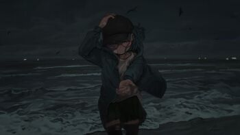 1girl absurdres baseball_cap bird black_hat black_skirt black_thighhighs blue_eyes blue_hair blue_jacket cloud cloudy_sky commentary_request commission dark glasses hair_between_eyes hair_over_one_eye hand_on_headwear hat highres hood hood_down hooded_jacket jacket kuro4221 long_sleeves looking_at_viewer night ocean open_clothes open_jacket original outdoors outstretched_hand pleated_skirt reaching reaching_towards_viewer red-framed_eyewear shirt skeb_commission skirt sky solo thighhighs torn_clothes torn_thighhighs water white_shirt wind