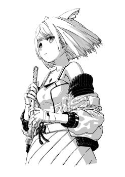 1girl animal_ear_fluff animal_ears cat_ears cat_girl chin_bell closed_mouth commentary_request flute greyscale highres holding holding_flute holding_instrument instrument jacket mio_(xenoblade) monochrome open_clothes open_jacket pleated_skirt simple_background skirt solo standing upper_body white_background xenoblade_chronicles_(series) xenoblade_chronicles_3