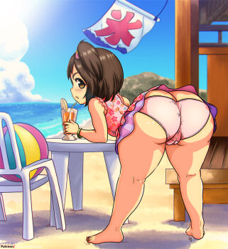 1girl ass ball bare_arms bare_legs bare_shoulders beachball bent_over blue_sky butt_crack cameltoe chair cloud cloudy_sky day female_focus flat_chest food fruit glass highres huge_ass idolmaster idolmaster_cinderella_girls kyojiri_loli legs_apart loli looking_at_viewer looking_back open_mouth outdoors panties pink_panties plump shimetta_masuta sideways_mouth skirt sky solo straw table thick_thighs thighs underwear wide_hips yanase_miyuki