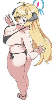 1girl ahoge akari_(blue_archive) ass bikini black_bikini blonde_hair blue_archive blue_halo braid breasts claw_pose cleavage clenched_hands collarbone demon_horns forward-facing_horns from_behind full_body grey_horns hair_between_eyes halo hands_up hideinroom highres horns large_breasts long_hair looking_back pink_pupils red_halo sandals side-tie_bikini_bottom side_braid simple_background sketch solo swimsuit thick_thighs thighs triangle_bikini_top white_background
