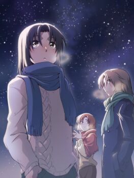 1girl 2boys black_hair blue_coat brown_hair coat cold commentary_request expressionless hand_in_pocket light_smile long_hair looking_at_viewer looking_up makabe_kazuki male_focus minashiro_soushi multiple_boys nagi_(exsit00) night orange_hair own_hands_together parted_bangs scar scar_across_eye scar_on_face scarf short_hair sky soukyuu_no_fafner star_(sky) starry_sky sweater toomi_maya