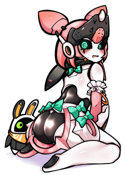 1girl @_@ absurdres ass bangboo_(zenless_zone_zero) black_sclera blush bow colored_sclera commentary_request eous_(zenless_zone_zero) green_bow green_eyes highres humanoid_robot joints kneeling korean_commentary looking_at_viewer looking_back metal_skin pink_hair robot robot_girl robot_joints sitting thick_thighs thighs twintails uncolorcube wariza white_background yutane_johiel zenless_zone_zero