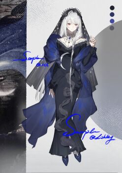 Rule 34 | 1girl, absurdres, alternate costume, artist name, black dress, black veil, blue gemstone, blue shoes, closed mouth, color guide, dress, earrings, frilled dress, frills, full body, gem, highres, jewelry, lace, lace-trimmed dress, lace trim, likkiy, long hair, long sleeves, looking to the side, necklace, red eyes, reverse:1999, sample watermark, semmelweis (reverse:1999), semmelweis (the wax and wane of the heart) (reverse:1999), shoes, solo, veil, very long hair, watermark, white hair