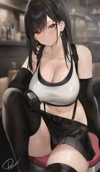 Rule 34 | 1girl, asymmetrical bangs, bar (place), bar stool, black gloves, black hair, black panties, black skirt, black thighhighs, blurry, blurry background, breasts, cleavage, closed mouth, collarbone, earrings, elbow gloves, final fantasy, final fantasy vii, final fantasy vii remake, floating earrings, gloves, highres, jewelry, knee up, large breasts, long hair, looking at viewer, midriff, navel, on stool, panties, pantyshot, preview (preview0), red eyes, signature, sitting, skirt, solo, stool, suspender skirt, suspenders, tank top, thighhighs, thighs, tifa lockhart, underwear, white tank top