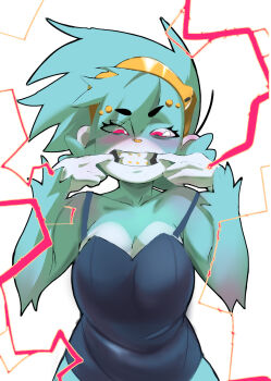 1girl absurdres animal_nose blue_skin blush body_fur borrowed_character breasts colored_skin furry furry_female hairband highres original pink_eyes ribbon shirt smile user_pzwj4444 yellow_ribbon