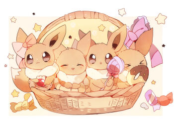 &gt;_&lt; :3 ^_^ basket bow brown_eyes candy closed_eyes closed_mouth commentary_request donut eevee food gen_1_pokemon highres in_basket in_container lollipop nintendo pink_bow pokemon pokemon_(creature) smile wrapped_candy yupo_0322