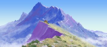 absurdres blue_sky building clear_sky commentary day fog highres house landscape meadow mountain nature no_humans original outdoors scenery sky somete_(sometebaka)