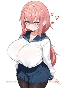 1girl absurdres artist_name black_pantyhose blue_eyes blue_sailor_collar blue_skirt breasts cleavage commentary_request covered_erect_nipples cow harutoyumaarts heart highres huge_breasts long_hair long_sleeves looking_at_viewer michinoku_komaro no_dickey pantyhose pink_hair pleated_skirt sailor_collar school_uniform seitokai_ni_mo_ana_wa_aru! serafuku shirt simple_background skirt solo twitter_username white_background white_shirt