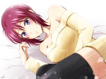 1girl bare_shoulders bed_sheet black_thighhighs breasts cara0w0mel casual cleavage closed_mouth collarbone commentary_request dress gundam gundam_seed gundam_seed_destiny highres lens_flare long_sleeves lunamaria_hawke lying medium_breasts off-shoulder_dress off-shoulder_sweater off_shoulder on_side purple_eyes red_hair short_dress short_hair solo sweater sweater_dress thighhighs yellow_dress zettai_ryouiki