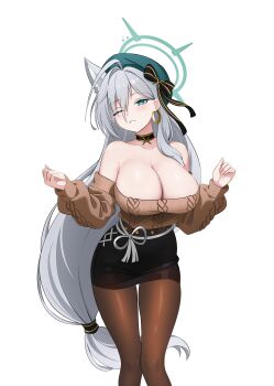 absurdres ahoge alternate_breast_size_(larger) alternate_costume animal_ears arms_up beret black_bow black_choker black_skirt blue_archive blush bow breasts brown_pantyhose brown_sweater casual cawl choker cleavage commentary earrings english_commentary gold_earrings green_eyes green_halo green_hat grey_hair hair_bow hair_over_one_eye hair_tie halo hat highres hoop_earrings huge_breasts jewelry long_hair long_sleeves one_eye_closed pantyhose pencil_skirt ribbed_sweater shiroko_terror_(blue_archive) skirt smile sweater very_long_hair wolf_ears