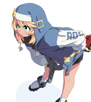 1girl androgyne_symbol bent_over black_shorts blonde_hair blue_jacket bridget_(guilty_gear) closed_mouth clothes_writing commentary cuffs drawstring green_eyes guilty_gear guilty_gear_strive handcuffs highres holding holding_behind_back hood hooded_jacket jacket light_blush long_sleeves medium_hair multicolored_jacket nun object_request puffy_long_sleeves puffy_sleeves shoes short_shorts shorts simple_background smile socks solo swept_bangs two-tone_jacket white_background white_jacket white_shoes white_socks yachima_tana