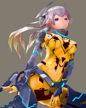 1girl blue_eyes bodysuit breasts grey_background grey_hair grey_horns horns impossible_bodysuit impossible_clothes long_hair multicolored_hair phantasy_star phantasy_star_online_2 sakanobekurobee segmented_tail skin_tight solo standing twintails yellow_bodysuit zelsius