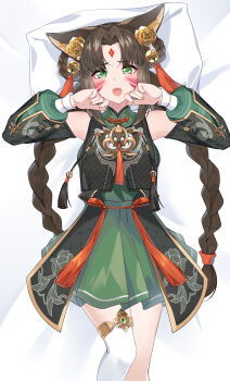 Rule 34 | 1girl, absurdres, animal ears, bell, blush, braid, breasts, brown hair, cat ears, cat girl, character request, commentary request, cowboy shot, detached sleeves, dress, facial mark, forehead mark, green dress, green eyes, hands up, head on pillow, highres, jingle bell, kolimiya, long hair, looking at viewer, lying, medium breasts, on back, onmyoji arena, open mouth, parted bangs, pillow, single thighhigh, sleeveless, sleeveless dress, solo, thighhighs, twin braids, white background, white thighhighs