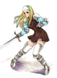 Rule 34 | 1girl, armor, armored boots, blonde hair, boots, breasts, brown dress, brown eyes, dress, final fantasy, final fantasy tactics, full body, gauntlets, headband, holding, holding sword, holding weapon, kikimimi 612, knee pads, long hair, looking at viewer, miniskirt, shadow, shoulder armor, simple background, skirt, solo, squire (fft), sword, weapon