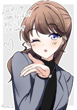 Rule 34 | 1girl, absurdres, black sweater, blowing kiss, blush, border, brown hair, commentary request, daime (hyahhaa10), dated, fujishima megumi, fujishima megumi (post-graduation), grey background, grey jacket, hair intakes, heart, heart necklace, highres, jacket, jewelry, link! like! love live!, long hair, looking at viewer, love live!, necklace, official alternate costume, one eye closed, open clothes, open jacket, outline, outside border, parted lips, purple eyes, sidelocks, simple background, solo, suit jacket, sweater, turtleneck, turtleneck sweater, twitter username, virtual youtuber, white border, white outline