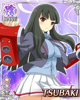 1girl black_hair black_jacket black_necktie blue_shirt border breasts bridal_gauntlets card_(medium) character_name cleavage closed_mouth diagonal-striped_clothes diagonal-striped_necktie english_text game_cg hime_cut jacket large_breasts light_frown long_hair necktie official_alternate_costume official_art open_clothes open_jacket pleated_skirt red_eyes school_uniform senran_kagura senran_kagura_new_wave shirt skirt solo speaker striped_clothes tsubaki_(senran_kagura) weaponized_instrument white_skirt