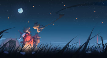 1boy ahoge bede_(pokemon) blonde_hair campfire chair coat commentary curly_hair eskey_09 fire galarian_form galarian_ponyta gen_3_pokemon gen_8_pokemon grass hatenna high_collar highres jirachi legendary_pokemon light_beam long_sleeves looking_to_the_side male_focus moon mythical_pokemon night nintendo outdoors pokemon pokemon_(creature) pokemon_swsh short_hair sitting sky star_(symbol) tent