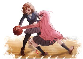 &gt;_&lt; 2girls ball basketball basketball_(object) black_jacket black_pantyhose black_skirt black_socks blue_ribbon bocchi_the_rock! brown_eyes brown_hair collared_shirt crossover cube_hair_ornament gotoh_hitori grey_skirt hair_ornament hairclip hh_(hehexd06161704) highres hirasawa_yui holding holding_another&#039;s_arm holding_ball jacket k-on! long_hair long_sleeves medium_hair multiple_girls neck_ribbon open_mouth pantyhose pink_hair pink_track_suit pleated_skirt ribbon sakuragaoka_high_school_uniform school_uniform shaded_face shirt side_ahoge simple_background skirt socks tearing_up teeth track_jacket track_suit upper_teeth_only white_background white_shirt